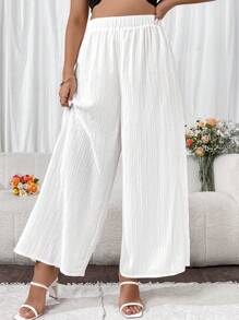 Flirla Plus Size Women's Elastic Waist Wide Leg Pants Fall Cloth For Women - White - View 6
