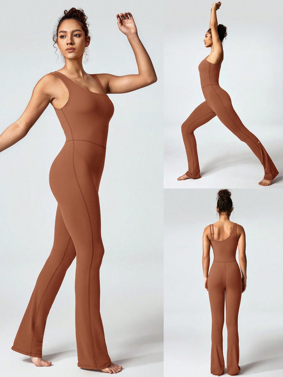 30" FeatherFit™ Strap It Good Asymmetrical Double Shoulder Strap Tummy Control Flared Jumpsuit Light Support Low Impact Yoga Pilates Studio Summer