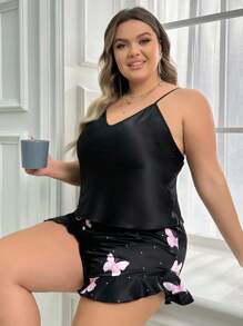 Plus Size Women's Satin Plain Butterfly Printed Camisole Top And Shorts Pajama Set - Black - View 6
