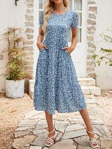 Short Sleeve Round Neck Floral Print Dress With Small Flowers For Spring/Summer - Blue - View 3