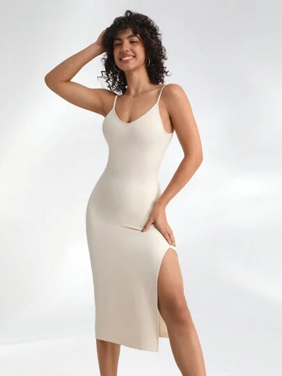 Lifespree Slit Hem Bodycon Spaghetti Strap Midi Dress