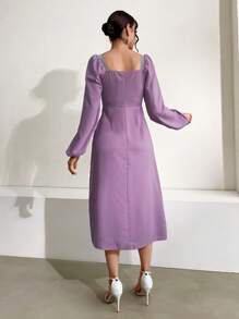 Modelyn Women's Contrast Color Decorated Square Neck Lantern Sleeve Dress - Purple - View 2