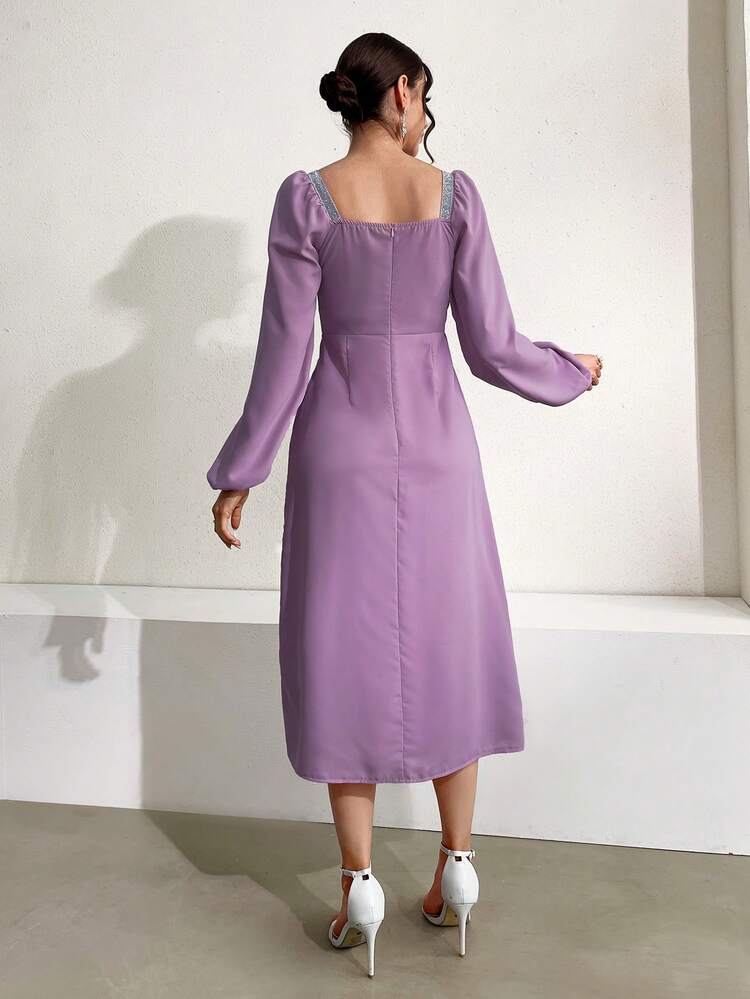 Women's Contrast Color Decorated Square Neck Lantern Sleeve Dress