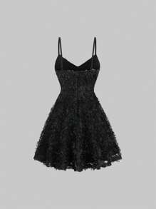 Sweetra Romantic 3d Flower Dress With A-Line Dress And Spaghetti Straps - Black - View 2