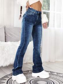 High Waist Bleach Wash Jeans - Blue - View 6