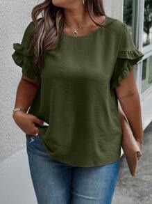 EMERY ROSE Plus Size Round Neck Ruffle Sleeve Blouse - Army Green - View 3