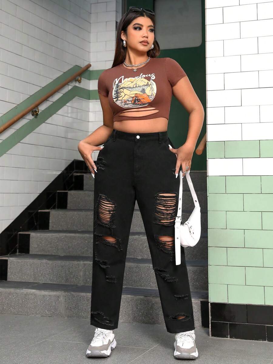 SHEIN EZwear Plus Size Black Ripped Jeans Without Elasticity - Black - View 1