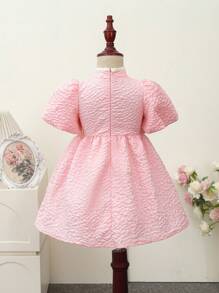 SHEIN Robe D'été Texturée À Col Montant Pour Jeunes Filles, Manches Bouffantes Boutonnées, Manches Courtes Avec Fermeture Éclair Au Dos