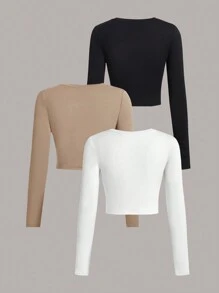 SHEIN EZwear 3 件纯色休闲短款圆领长袖修身女式 T 恤，适合春秋季节 - 彩色 - 查看 2