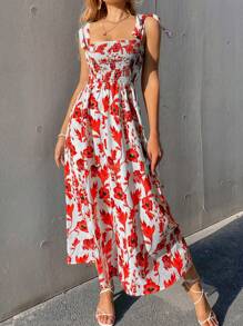 Breezaya Floral Print Shoulder Tie Sleeveless Dress - Red - View 4
