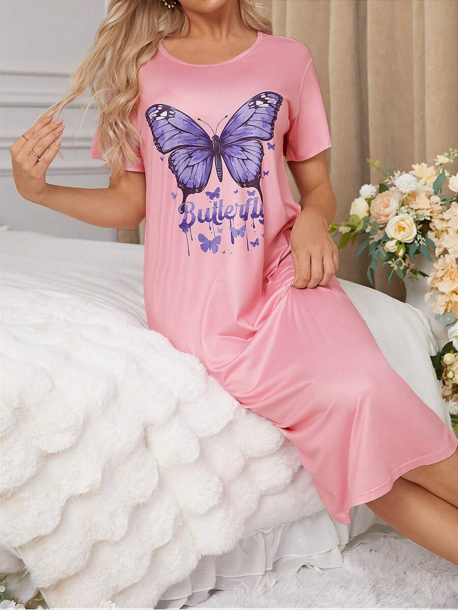 Women's Butterfly & Letter Pattern Pajama Sleepwear Dress - Pink - View 1