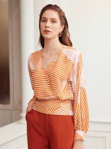 MOTF PREMIUM WOVEN WOMEN'S STRIPED PRINT SURPLICE NECK BLOUSE