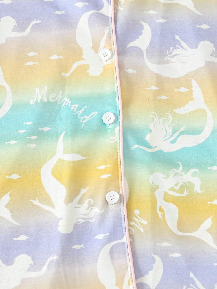 Tween Girls' Gradient Mermaid Print Shorts And Short Sleeved Top Pajama Set