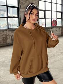 CovetEZ Plus Size Sweatshirt With Slogan Print And Kangaroo Pocket - Coffee Brown - View 4