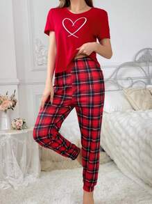 Herz Muster Kurzarm Top und karierte Hose Pyjama Set