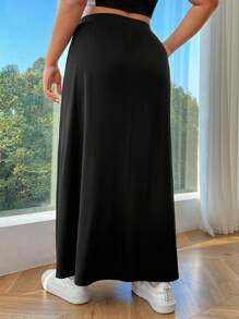 SHEIN EZwear Plus Size Black Knitted Long Skirt - Black - View 2