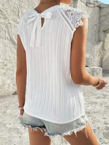 SHEIN VCAY Solid Color Lace Patchwork Blouse - White - View 3