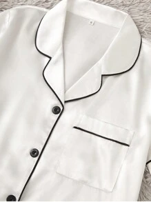 LuxeNights 2pcs/Set Imitation Silk Trimmed Lapel Pajamas Set With Matching Shorts White Set, Fall Winter Clothes Cozy And Elegant Details - White - View 4
