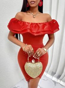 Abito Aderente Con Spalle Scoperte, Arricciatura Con Volant Sullo Scollo - Rosso - Visualizzare 1