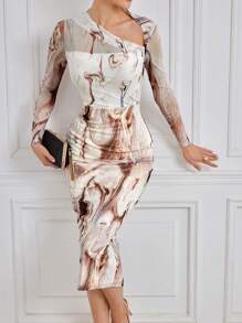 Modelyn 女式不對稱領口長袖連衣裙 - 彩色 - 查看 3