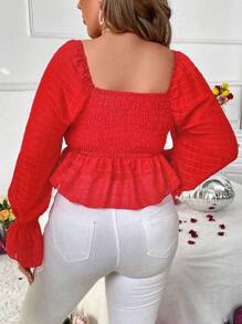 SHEIN Unity Plus Size Drawstring Ruffle Hem Blouse With Puff Sleeves - Red - View 2