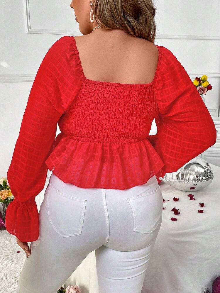 Plus Size Drawstring Ruffle Hem Blouse With Puff Sleeves
