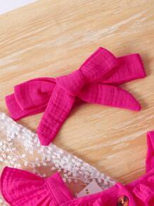 SHEIN 女嬰荷葉邊雙層薄紗連身褲帶蝴蝶結裝飾和配套頭帶 - 玫紅色 - 查看 3