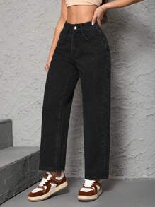 SHEIN PETITE Women's Mid-Rise Straight Leg Jeans - Black - View 4