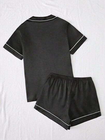 2pcs/Set Imitation Silk Pajamas With Edge Stitching & Turn-Down Collar Design, Vacation