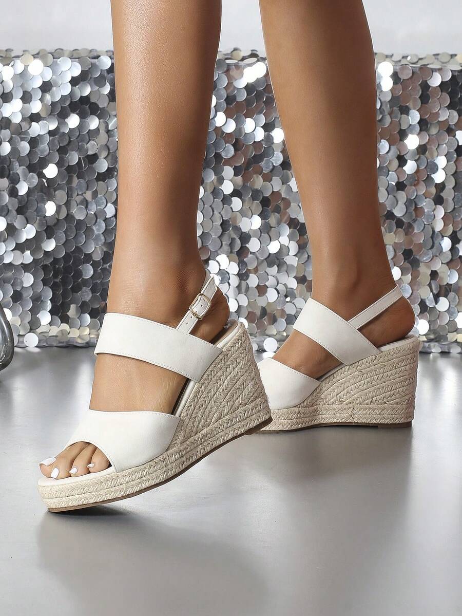 時尚女士楔形跟圓頭帆布鞋,適合工作和媽媽的穿搭,露趾涼鞋 - 白色 - 查看 1