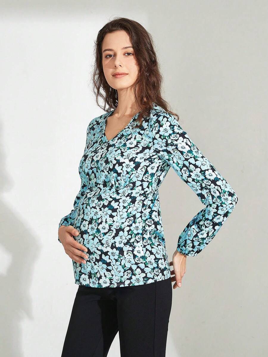 Floral Print Fitted Maternity Long Sleeve T-Shirt - Multicolor - View 1