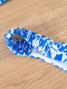 SHEIN Swim 几何植物印花比基尼套装狂欢夏日海滩 - 藍白色 - 查看 5