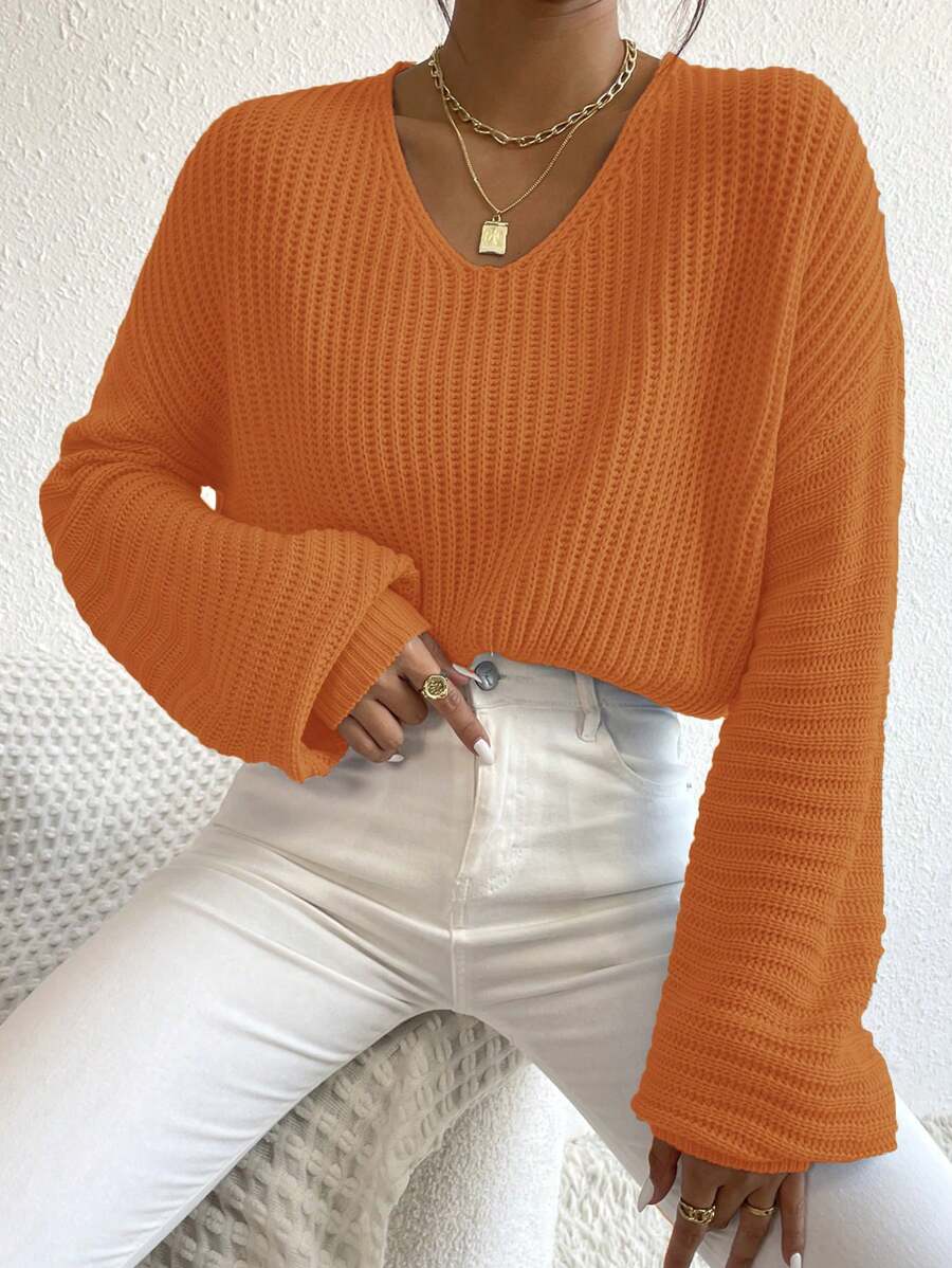Chiquease Solid Color Dropped Shoulder Loose Cropped Knit Pullover Fall Winter Sweater - Yellow - View 1