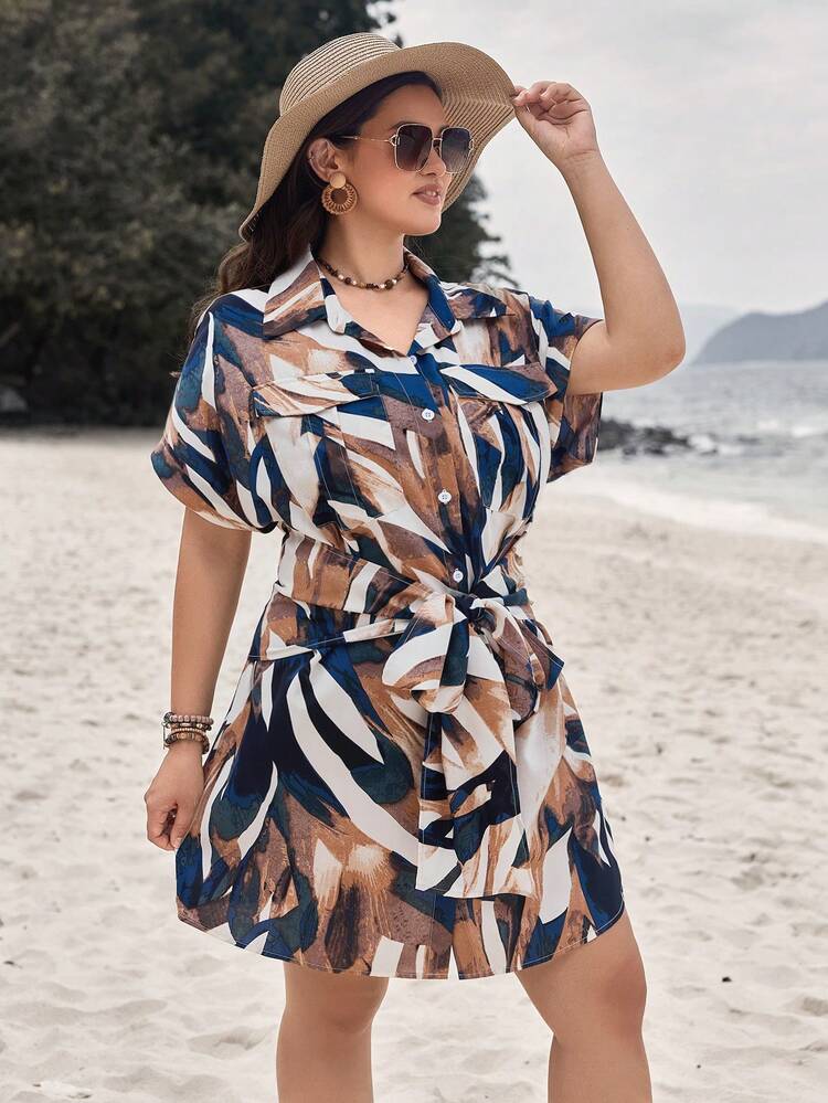 Plus Size Women's Vacation Style Shirt Dress With Belt, All Over Printed Pleated Dress