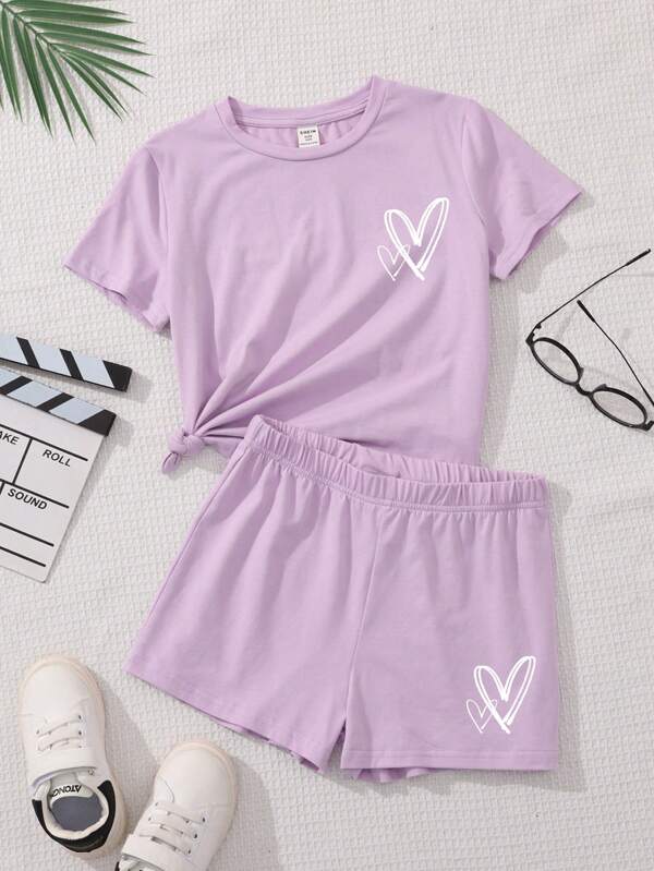 Tween Girls' Casual Simple Heart Printed Short Sleeve Top And Shorts Outfit, Suitable For Summer