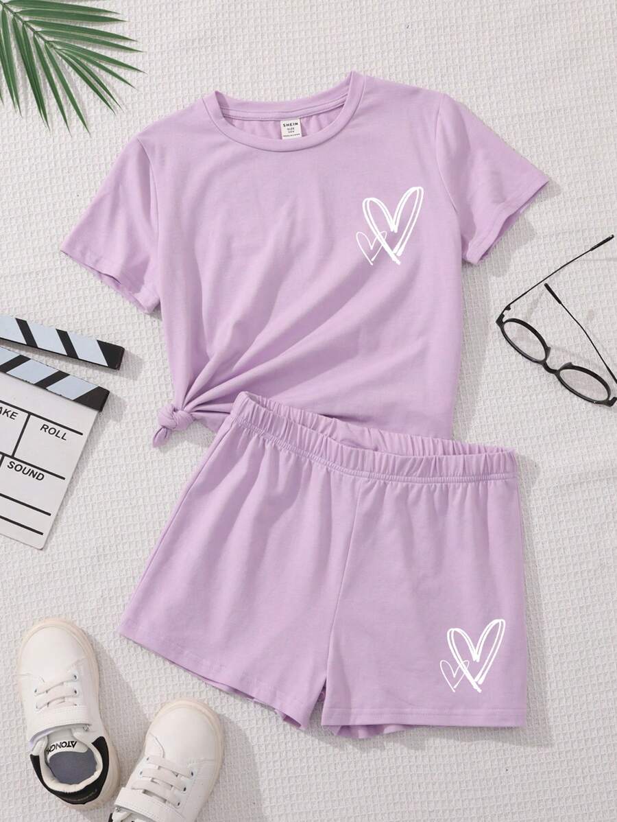 Cô gái Tween Giải trí Đơn giản Tim In Ngắn tay Áo Và Quần short , Thích hợp Cho mùa hè - Màu tím hoa cà - Xem 1