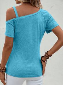 EMERY ROSE Women's Asymmetrical Neckline Button Decorated T-Shirt - Mint Blue - View 2