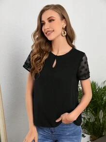 SHEIN Clasi 女士波點網眼短袖襯衫 - 黑色 - 查看 4