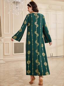 Al Najma Women's Arabic Floral Print Gold Foil Print Dress, Elegant Evening Party Dress