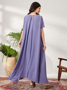 Seusyu 女士圓領短袖不對稱裙擺連衣裙 - 紫色 - 查看 2