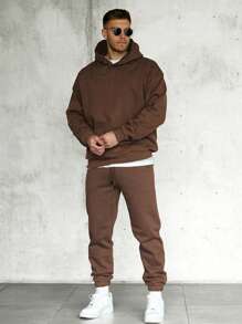 男士纯色连帽运动衫和运动裤套装，秋季服装，舒适服装 - 棕色 - 查看 5