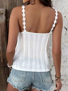 SHEIN Frenchy Women's Lace Shoulder Strap Solid Color Hollow Textured Fabric Camisole Summer Tank Tops Vacation Clothes Wedding Tops White