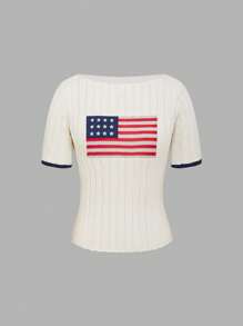 Lunelith SHEIN Lunessa Knitted Short Sleeve Top With National Flag Pattern