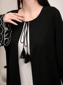 Al Najma Women's Patchwork Plant Print Flare Sleeve Modest Full Length Long Sleeve Abaya Dress, Fashion Abaya For Casual/Festival/Gathering/Travel - Black - View 8