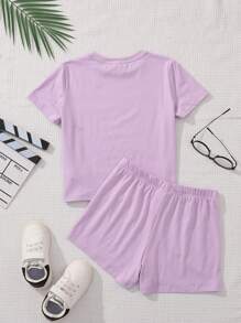 Cô gái Tween Giải trí Đơn giản Tim In Ngắn tay Áo Và Quần short , Thích hợp Cho mùa hè - Màu tím hoa cà - Xem 2