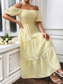 SHEIN LUNE Women Dresses Ruffle Hem Shirred Plain Casual - Kuning - View 3