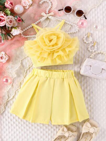 Young Girl's 3d Flower Splice Cami Top & Sports Shorts Two Pieces Set