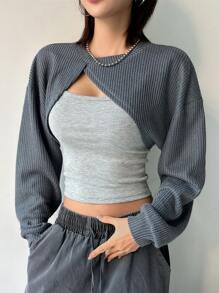 DAZY 女士圓領不對稱下擺超短上衣 - 灰色 - 查看 1