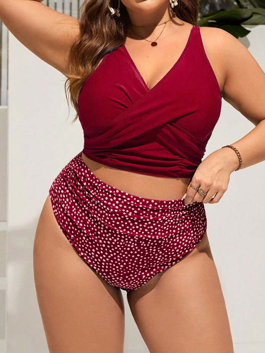 SHEIN Swim Curve 夏季海滩大码女式交叉波尔卡圆点比基尼套装新年 - 酒紅色 - 查看 1