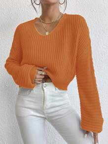 Chiquease Solid Color Dropped Shoulder Loose Cropped Knit Pullover Fall Winter Sweater - Yellow - View 3